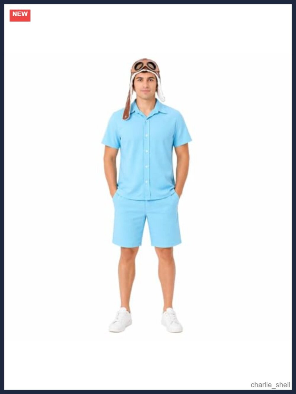 Men's Aviator Costume Set 3 Piece Retro Pilot Shirt Shorts Hat Halloween